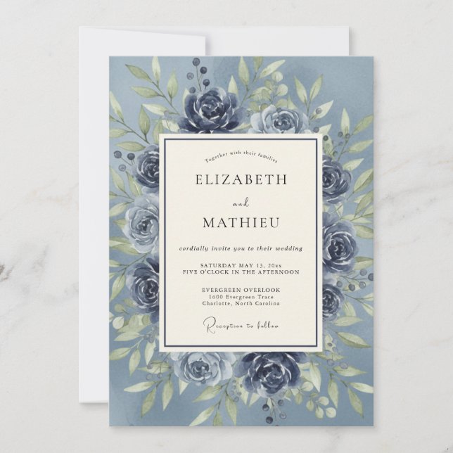 Convite Casamento Botânico Romance Rosa Azul (Frente)