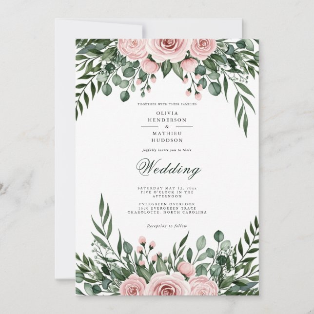 Convite Casamento Botânico Romance Rosa Empoeirada (Frente)