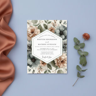 Convite Casamento Botânico Romance Rosa Empoeirado