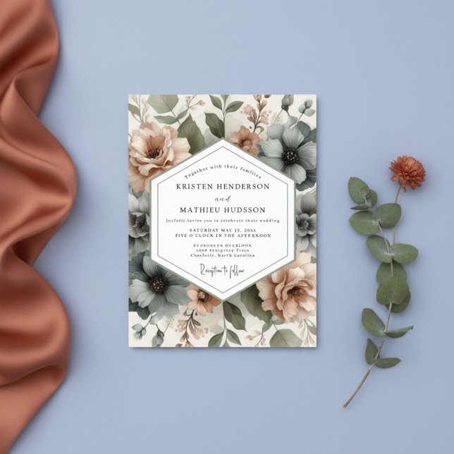 Convite Casamento Botânico Romance Rosa Empoeirado (Criador carregado)
