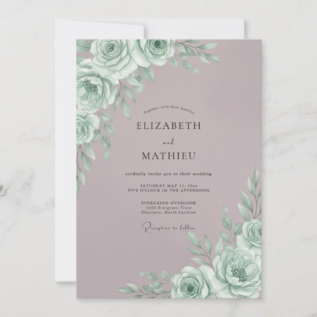 Convite Casamento Botânico Romance Rosa Hortelã (Frente)