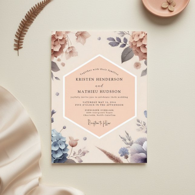 Convite Casamento Botânico Romance Rosa Pêssego (Criador carregado)