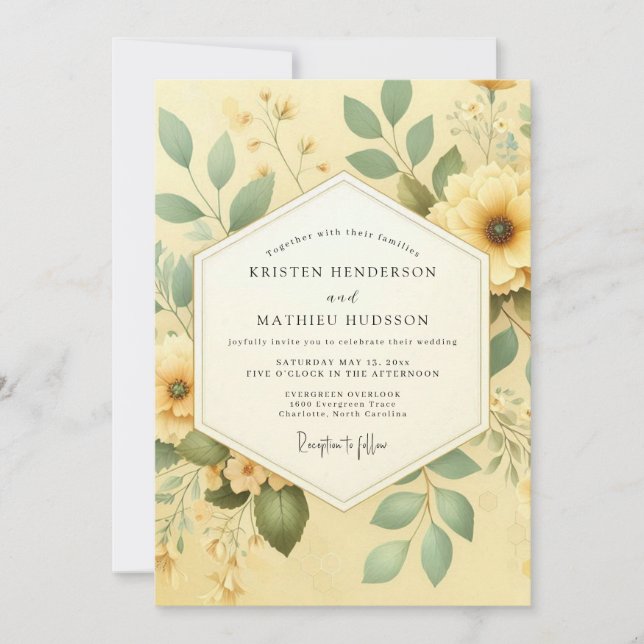 Convite Casamento Botânico Romântico Amarelo (Frente)