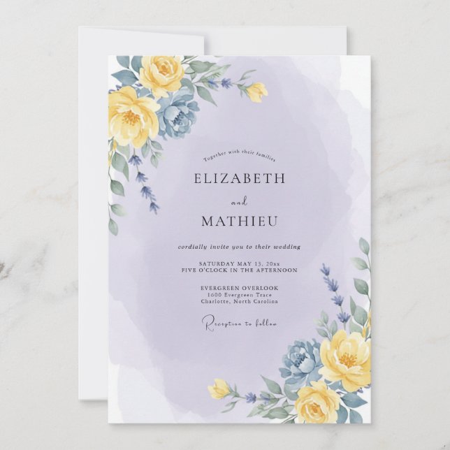 Convite Casamento Botânico Romântico Amarelo Lavanda (Frente)