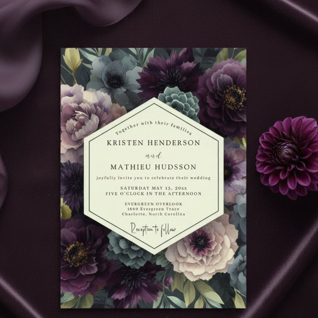 Convite Casamento Botânico Romântico Ameixa Moody (Criador carregado)