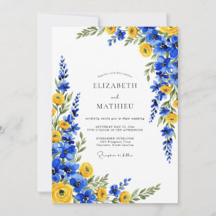 Convite Casamento Botânico Romântico Azul Amarelo
