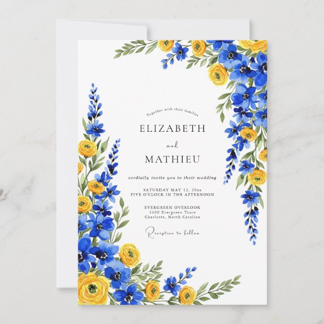 Convite Casamento Botânico Romântico Azul Amarelo (Frente)