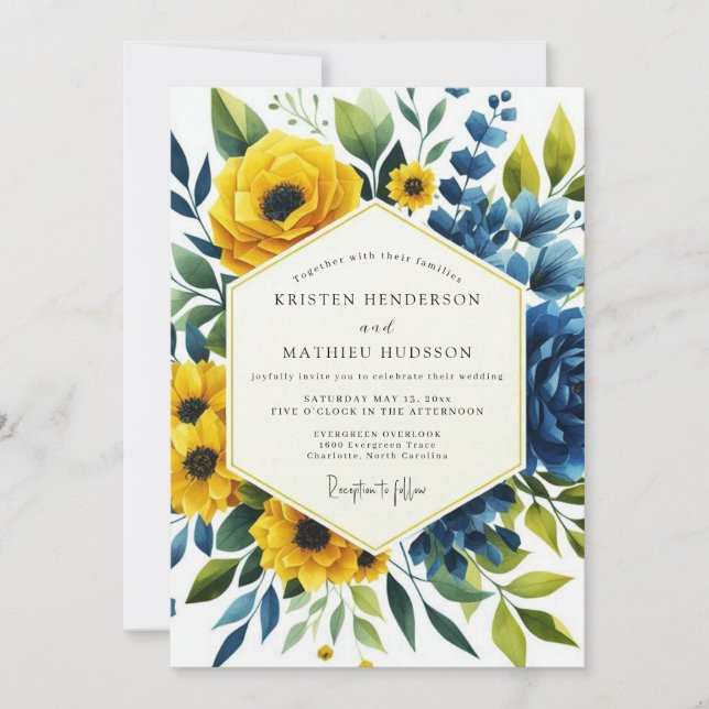 Convite Casamento Botânico Romântico Azul Amarelo (Frente)