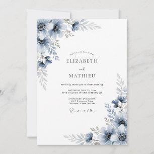 Convite Casamento Botânico Romântico Azul Ardesia