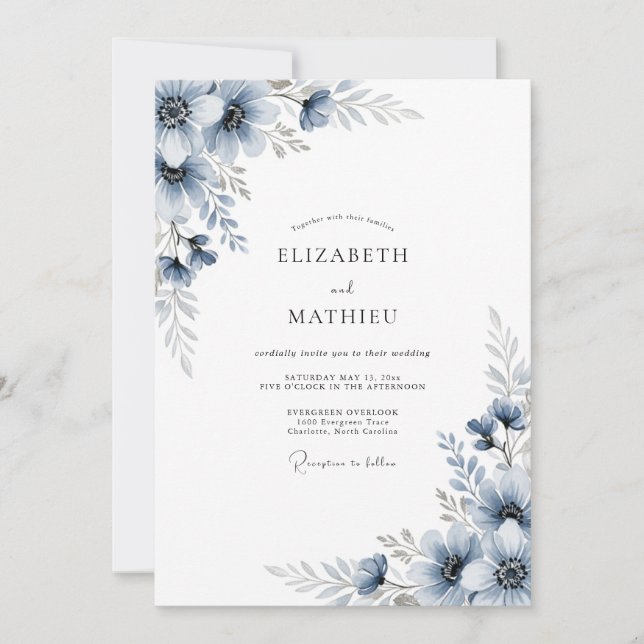 Convite Casamento Botânico Romântico Azul Ardesia (Frente)