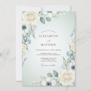 Convite Casamento Botânico Romântico Azul Creme