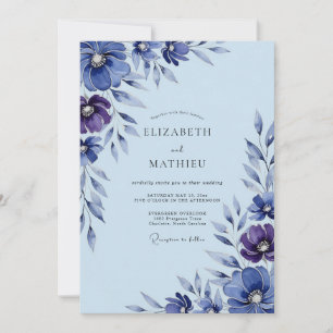 Convite Casamento Botânico Romântico Azul Periwinkle