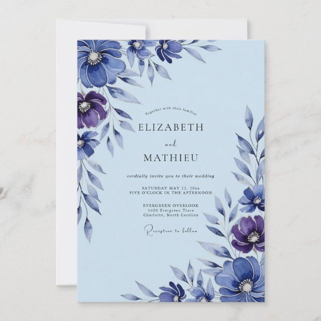 Convite Casamento Botânico Romântico Azul Periwinkle (Frente)