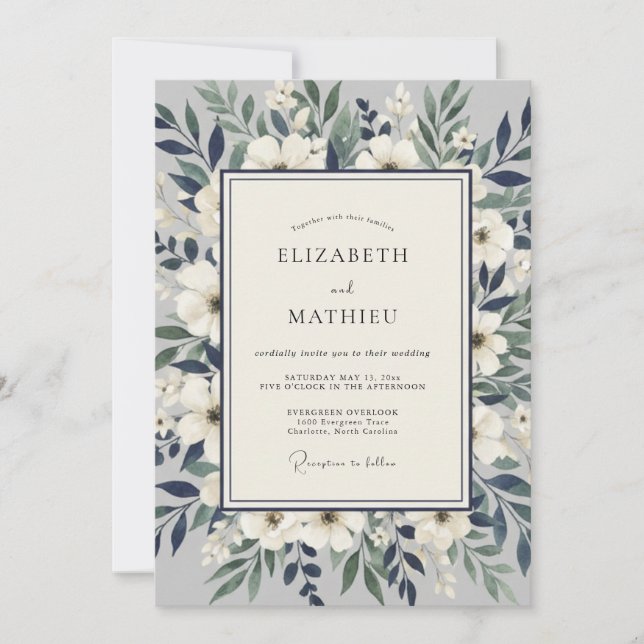Convite Casamento Botânico Romântico Branco Azul (Frente)