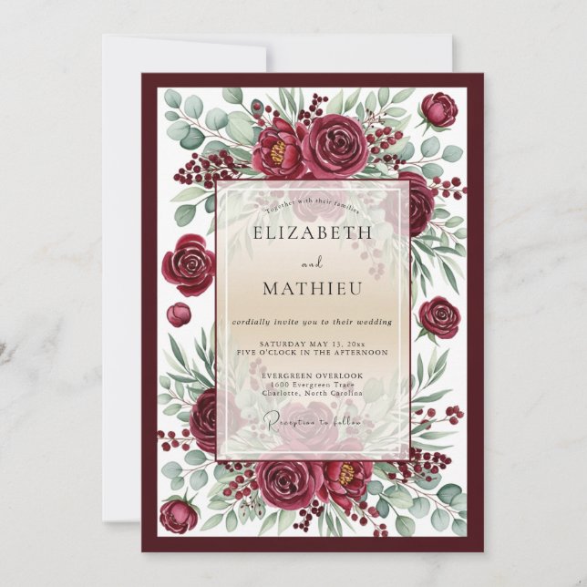 Convite Casamento Botânico Romântico Burgundy Bloom (Frente)