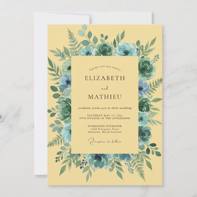 Convite Casamento Botânico Romântico com Aquarela Azul (Frente)