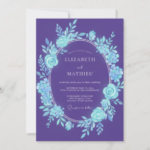 Convite Casamento Botânico Romântico com Roxo e Azul Turqu