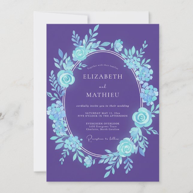 Convite Casamento Botânico Romântico com Roxo e Azul Turqu (Frente)