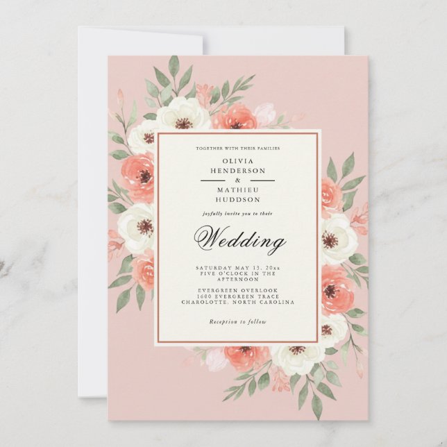 Convite Casamento Botânico Romântico Coral (Frente)