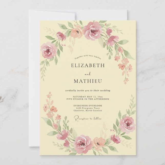 Convite Casamento Botânico Romântico Coral Soft (Frente)