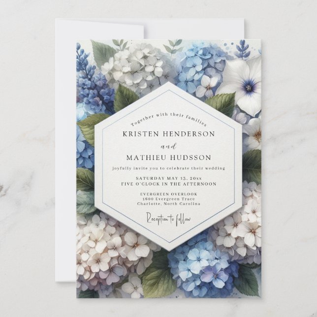 Convite Casamento Botânico Romântico de Hortênsia Azul (Frente)