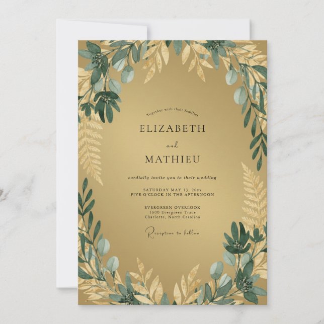 Convite Casamento Botânico Romântico Dourado Verde (Frente)