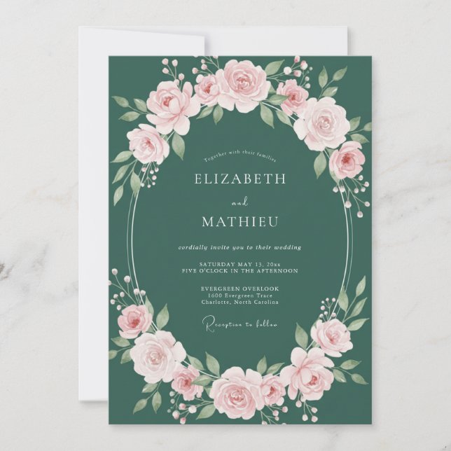 Convite Casamento Botânico Romântico Elegante Esmeralda (Frente)