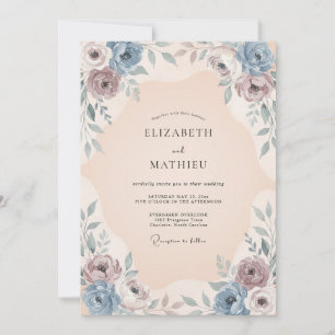 Convite Casamento Botânico Romântico em Azul Empoeirado