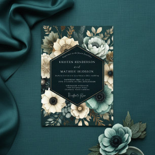 Convite Casamento Botânico Romântico em Azul Teal Profundo