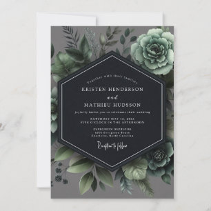 Convite Casamento Botânico Romântico em Verde Ardósia