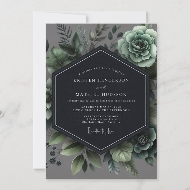 Convite Casamento Botânico Romântico em Verde Ardósia (Frente)