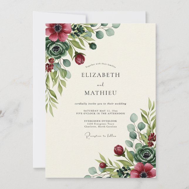 Convite Casamento Botânico Romântico Floral Borgonha (Frente)
