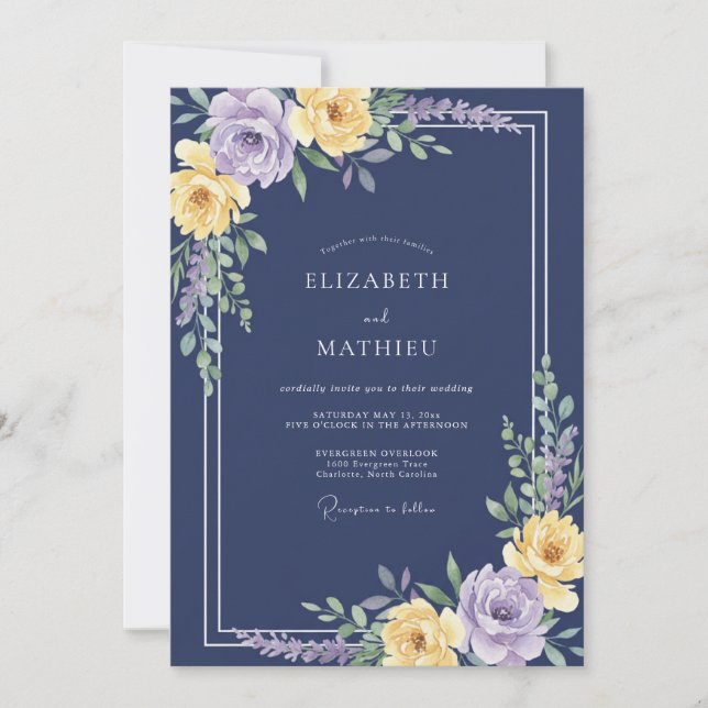 Convite Casamento Botânico Romântico Floral Marinho (Frente)