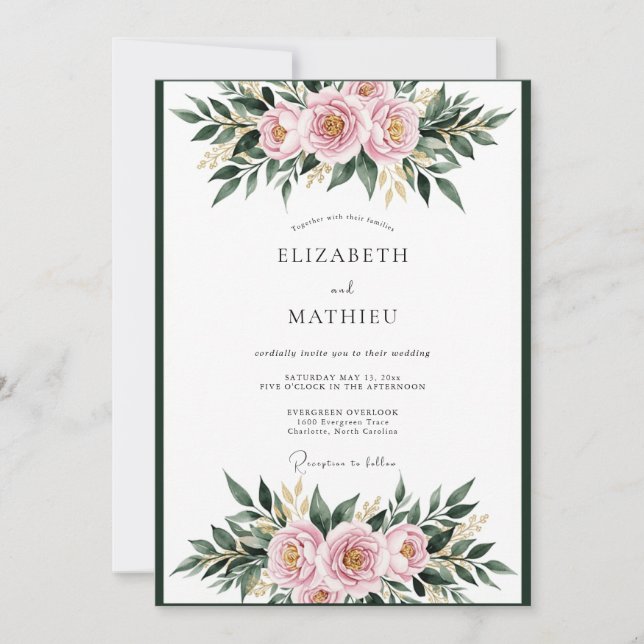 Convite Casamento Botânico Romântico Floral Rosado (Frente)