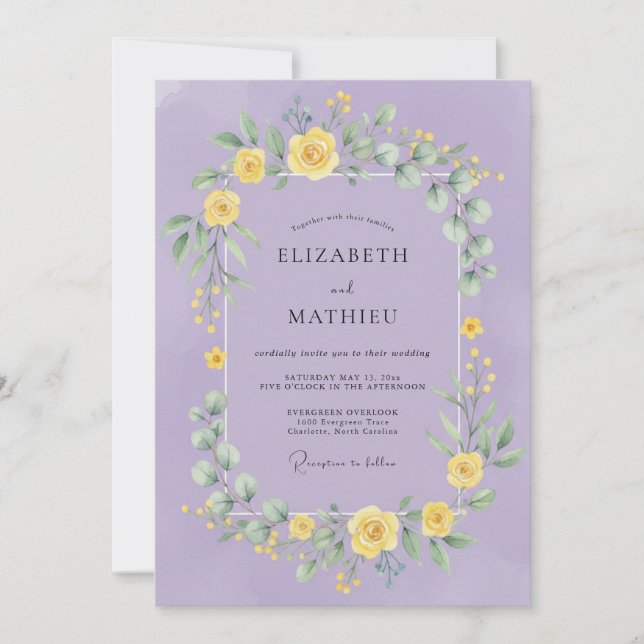 Convite Casamento Botânico Romântico Lilás Amarelo (Frente)