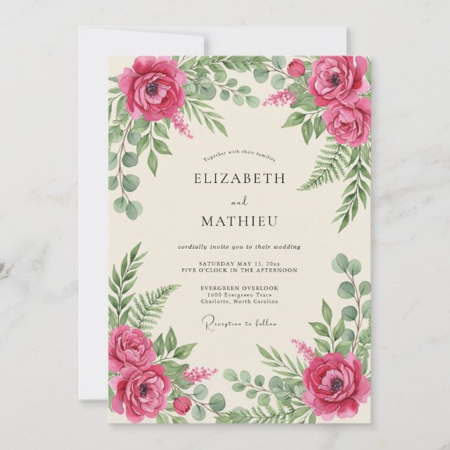 Convite Casamento Botânico Romântico Magenta (Frente)