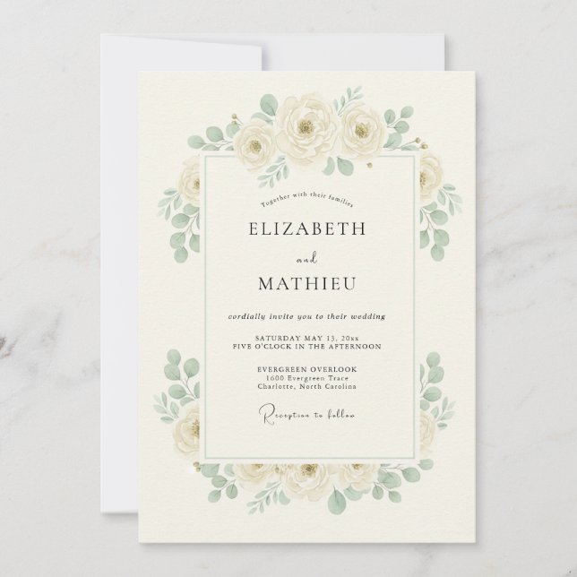 Convite Casamento Botânico Romântico Marfim (Frente)