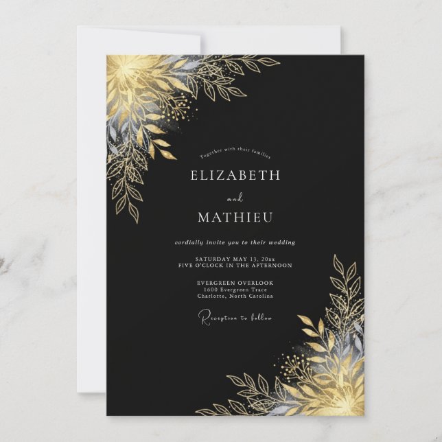 Convite Casamento Botânico Romântico Metálico Dourado (Frente)