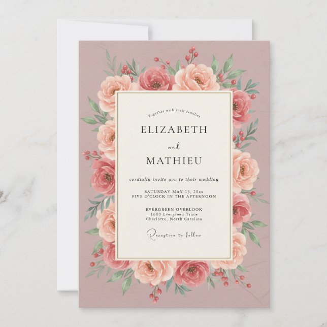 Convite Casamento Botânico Romântico Rosa (Frente)