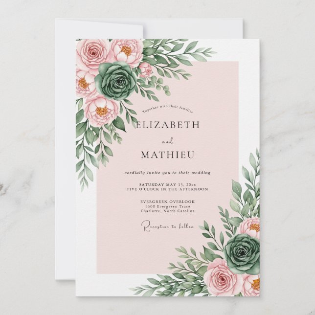 Convite Casamento Botânico Romântico Rosa Bege (Frente)