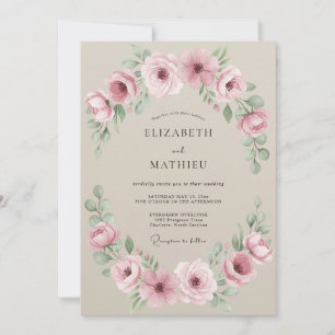 Convite Casamento Botânico Romântico Rosa Bege