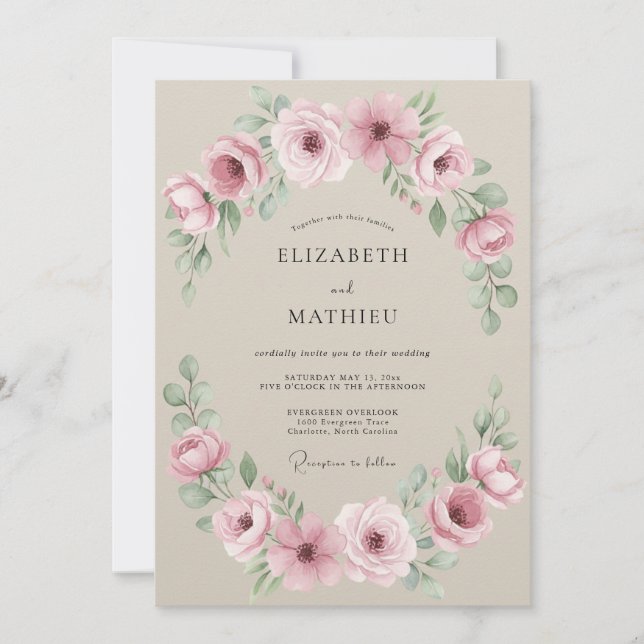 Convite Casamento Botânico Romântico Rosa Bege (Frente)