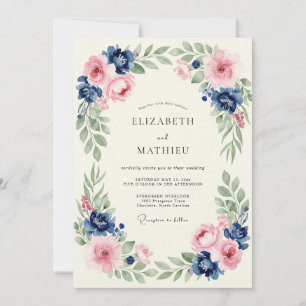 Convite Casamento Botânico Romântico Rosa-Navy