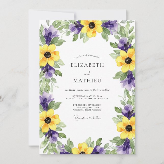 Convite Casamento Botânico Romântico Roxo Amarelo (Frente)