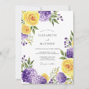 Convite Casamento Botânico Romântico Roxo Amarelo
