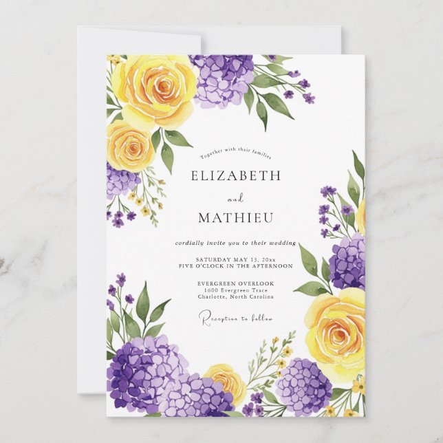 Convite Casamento Botânico Romântico Roxo Amarelo (Frente)