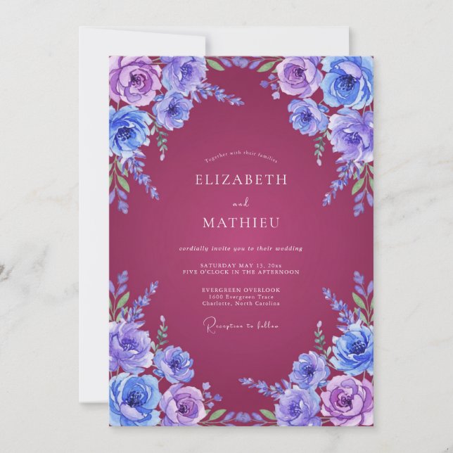 Convite Casamento Botânico Romântico Roxo Lavanda (Frente)