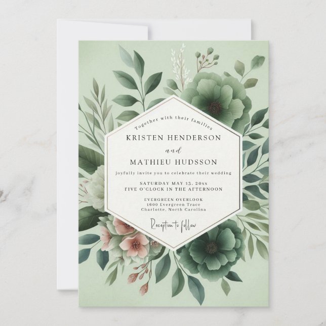 Convite Casamento Botânico Romântico Sage (Frente)