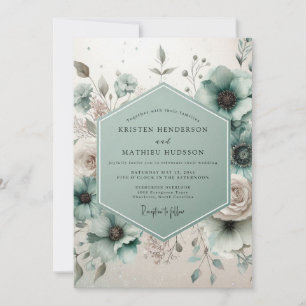 Convite Casamento Botânico Romântico Turquesa