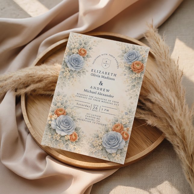 Convite Casamento Botânico Rosa Azul (Criador carregado)